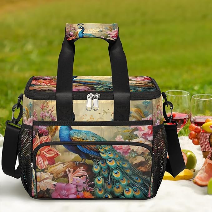 Pardick Lunch Box for Women Men Flower Peacock Insulated Lunch Bag Leakproof Large Lunchbox for Adults with Adjustable Shoulder Strap, Cooler Tote Bag for Work, Picnic, Beach