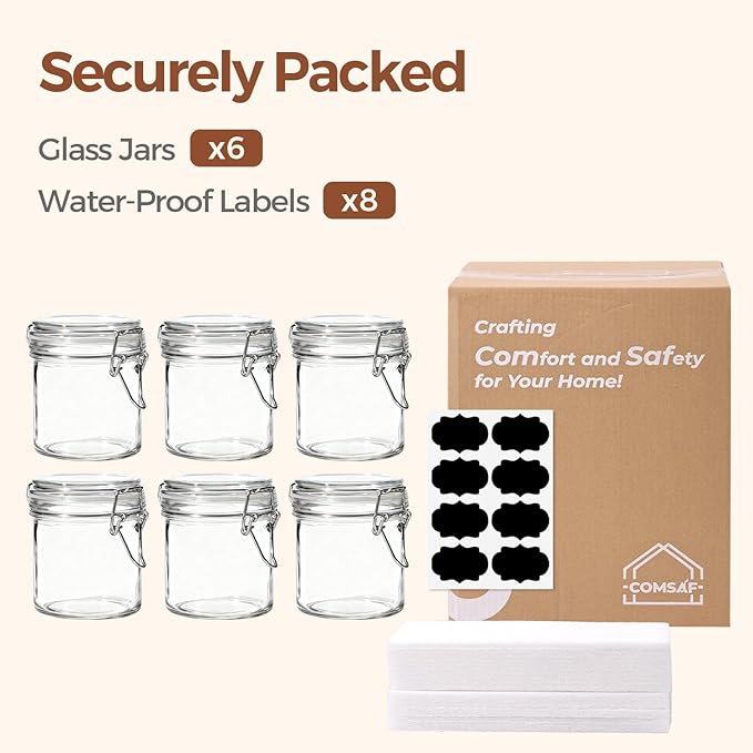 ComSaf 8oz Glass Jars with Airtight Lids (Set of 6), Cylindrical Jelly & Spice Jars for Pantry Organization, 240ml Small Canisters with Wire Clamp for Sourdough Discard, Jam, Honey & More