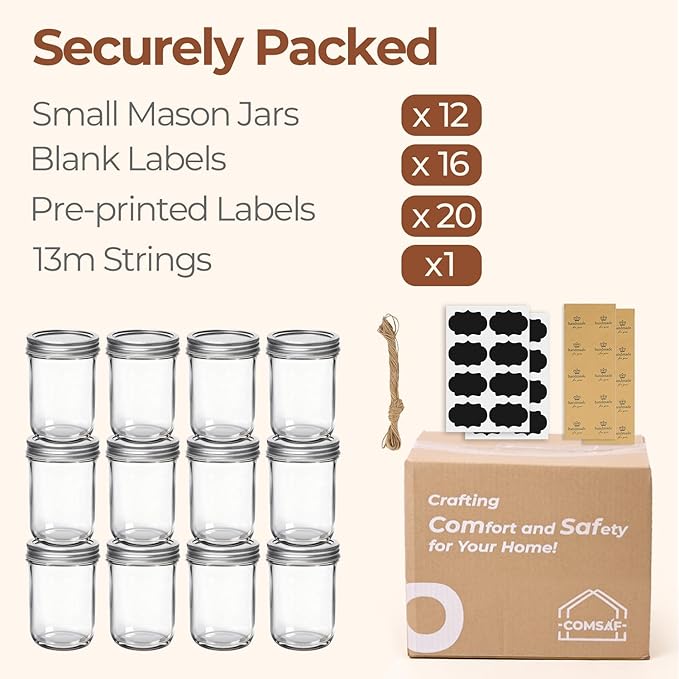 ComSaf Small Mason Jars 8 oz 12Pcs Bulk Set, Half Pint Regular Mouth Mason Jar with Lids and Seal Bands, Glass Canning Jars for Jam, Jelly, Spice, Meal Prep, Shower Wedding Favors, DIY Candles Decor