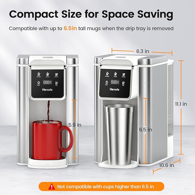 Horavie Single Serve Coffee Maker for K-Cup Pod & Grounds, Hot & Iced Coffee Maker, Strong Button Feature, 6 to 14oz Brew Sizes, 50oz Removable Reservoir, Fit 6.5" Mugs, Stainless Steel, White