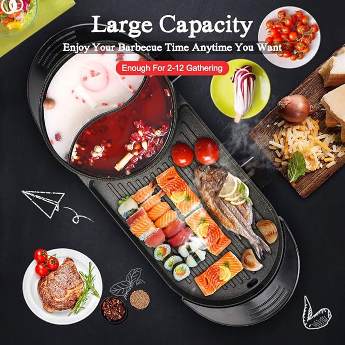 SEAAN Hot Pot with Grill, Korean BBQ Grill Indoor Hotpot Pot Electric Combo, Shabu Shabu Pot with Divider KBBQ Grill Smokeless Non-stick Separate Dual Temperature Control, for 2-12 People, 110V