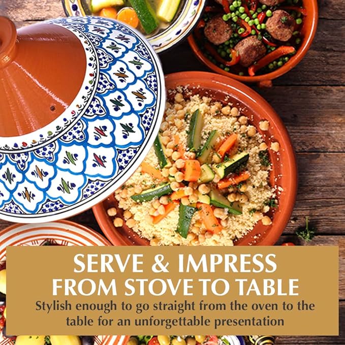 Kamsah Tagine Pot for Cooking and Flavor Enrichment - Large Clay Pot 12”, 5.5 QT - Non-Stick Handmade Cookware - Moroccan Ceramic Pots for Cooking with Lid & Serving Bowl - Bohemian Classic Turquoise