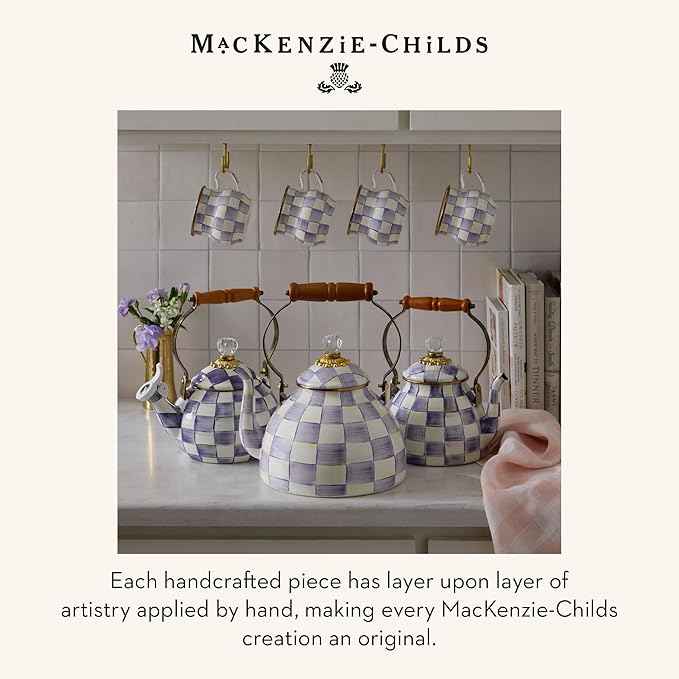 MACKENZIE-CHILDS Enamel Tea Kettle, Decorative Tea Kettle for Stovetop, 3 Quarts, Purple-and-White Violet Check