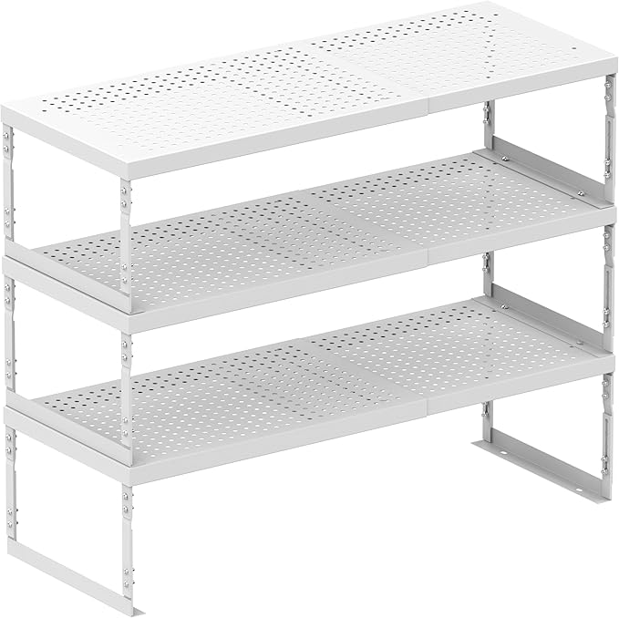 Stackable Expandable Metal Shelf Organizer - Adjustable Wire Storage Rack with Holes for Kitchen, Bathroom, Cabinet, Office - Space Saving, Durable & Sturdy Design(3PACKS/Large/White