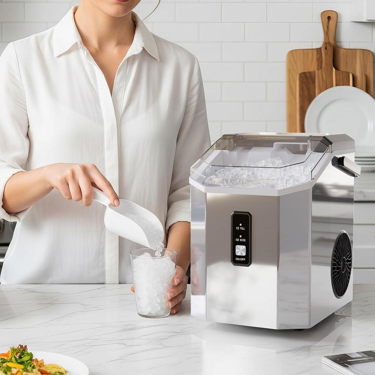 Nugget Ice Makers Countertop, Portable Ice Maker Machine with Self-Cleaning, 35lbs/24Hrs, Crushed Ice Maker with Handle/Basket/Scoop for Home, Kitchen, Office and Camping(Stainless Steel Silver)