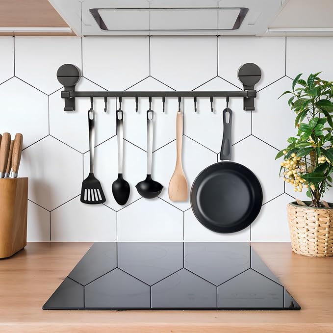 No Drill Kitchen Utensil Rack with 10 Hooks : Wall Mounted Suction Cup Holder for Hanging Spoons Towels Tools - Adjustable Double Rod Organizer for Kitchenware Storage