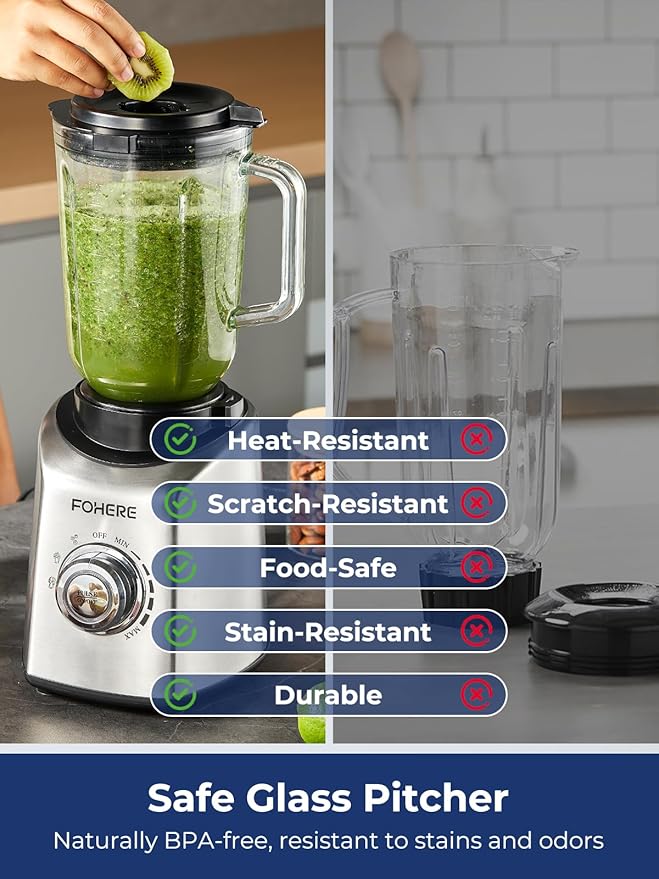 FOHERE Professional Blender Peak 1300W, Countertop Blender with 3 Presets& 5 Speeds for Smoothies, Shakes, and Frozen Drinks, 50 Oz Glass Jar &20 Oz Tritan Jug