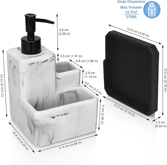 Soap Dispenser with Sponge Holder and Brush Holder,White Marble 3 in 1 Liquid Hand Dish Soap Dispenser and Sponge Holder Sink Caddy Organizer for Kitchen Bathroom,Removable Bottom Tray