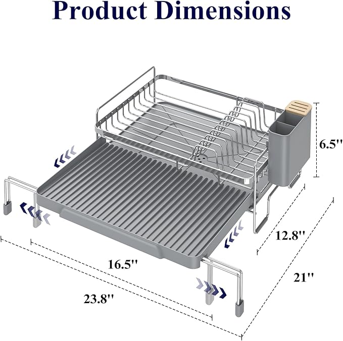 Kitsure Extendable Dish Drying Rack - Adjustable Length 12.8"–21.0", Auto-Draining Dish Rack for Kitchen Counter, Rust-Resistant Metal Frame Over-Sink Support for Plates, Bowls & Utensils, Sliver Grey