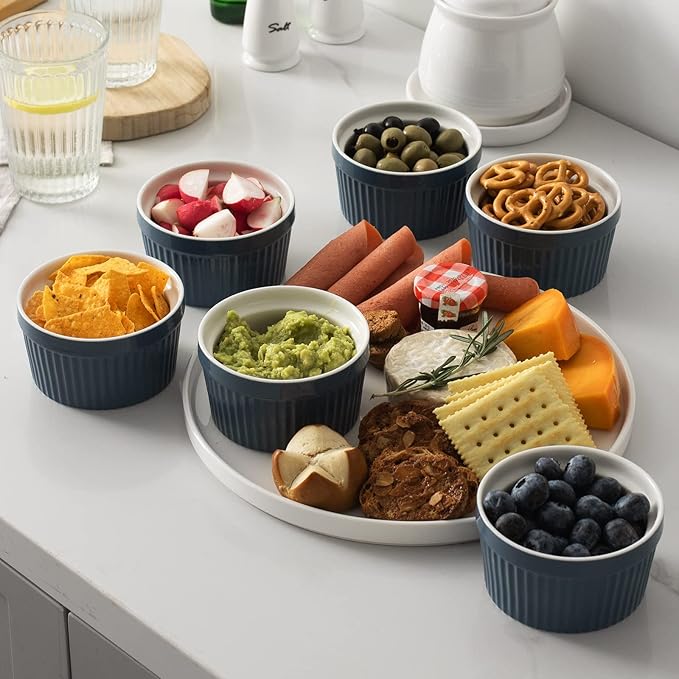 DOWAN 8 oz Porcelain Ramekins Bowls for Souffle, Creme Brulee, Classic Style Ramekins for Baking Oven Safe, Set of 6, Airy Blue