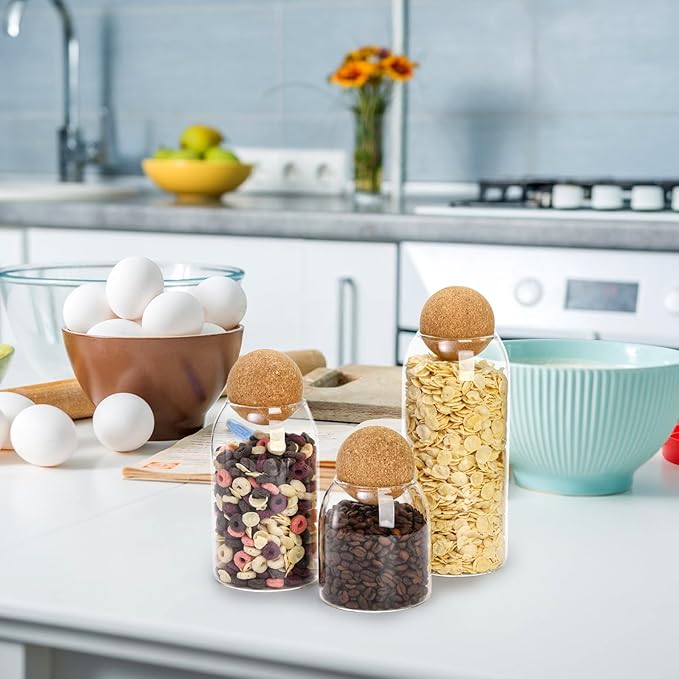 Suwimut 3 Pack Glass Storage Jar with Ball Cork Lid, Clear Glass Canisters with Cork Ball, Cute Decorative Round Glass Bottles with Airtight Wooden Lid for Spice, Sugar, Salt, Tea, Nuts, Coffee Beans