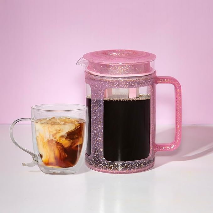 Paris Hilton Cold Brew Coffee Maker, Durable 1.6 Quart Borosilicate Glass Carafe with Stainless Steel Filter, Glitter Pink, 38 oz