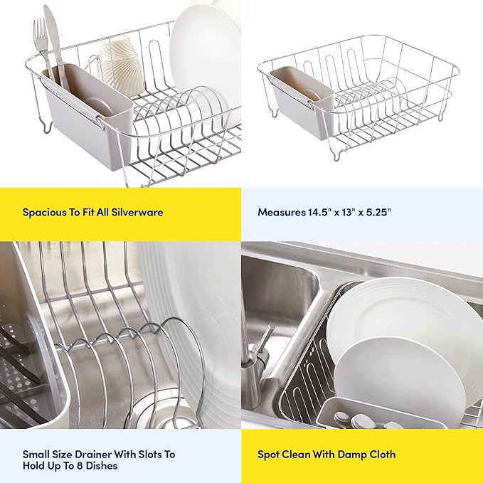 Dish Drying Rack & Cutlery Holder 2 Piece Set - Compact Sink-Fitting Dish Drainer with Rubberized Undercoating, Space-Saving Kitchen Organizer for Plates, Cups, Bowls & Utensils in Sink, Silver