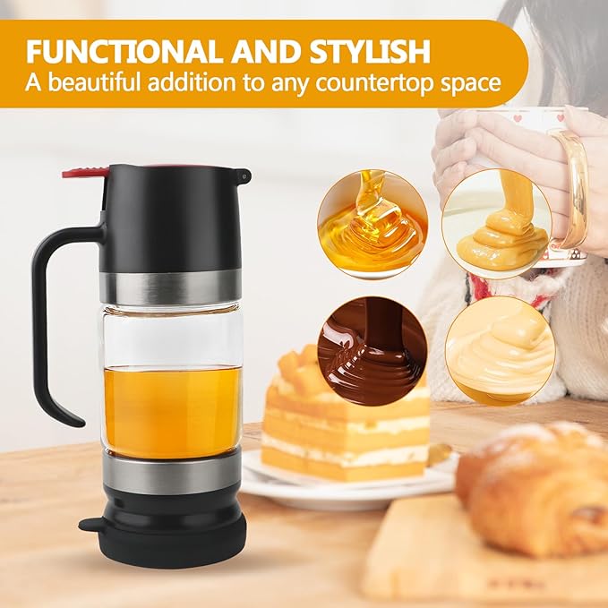 Glass Honey Dispenser,10 OZ Honey Pot with Handle,No Drip Honey Container Jar,Maple Syrup Dispenser,Ideal for Honey and Syrup,Black base