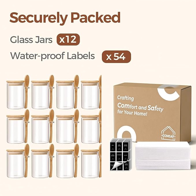 ComSaf 12 Pcs Glass Spice Jars and Spoons, 8oz Glass Containers with Bamboo Lids, Storage Containers with Airtight Lids with Black Labels for Seasonings, Salt, Loose Leaf Tea Storage