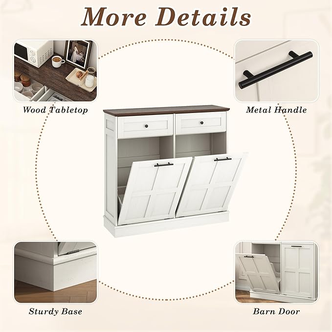 Double Trash Can Cabinet, 26 Gallons Farmhouse Hidden Wood Garbage Can Bin Cabinet with Drawers, Tilt Out Laundry Hamper with Laundry Storage Basket for Bathroom, Kitchen, Antique White