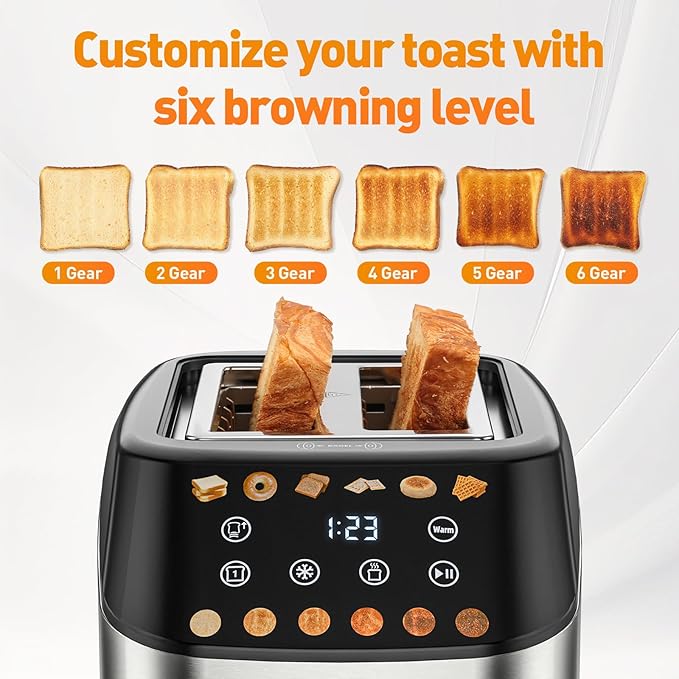 Secura 2 Slice Toaster, Fully Automatic Digital Stainless Steel Toaster with Countdown Timer & Keep Warm Function, 6 Browning Levels, Bagel/Defrost/Reheat/Single-Slice Modes, Removable Crumb Tray