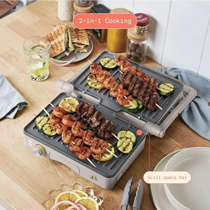 Panini Press Indoor Grill 1 2-in-1200W Non-Stick Removable Plates Sandwich Maker by Drew Barrymoree. (Porcini Taupe)