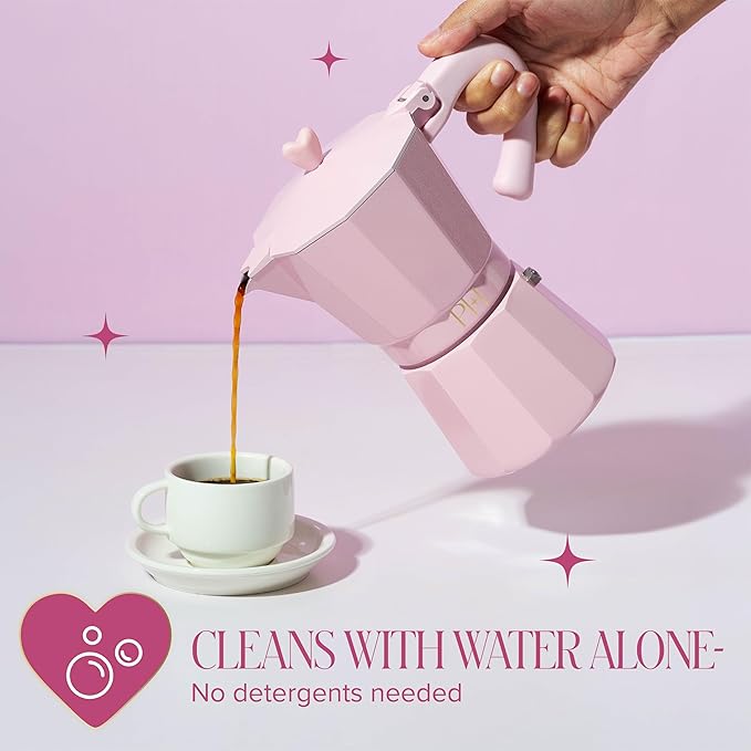 Paris Hilton Stovetop Espresso and Coffee Maker, Italian & Cuban Style Coffee Pot with Iconic Heart Knob, Perfect for Rich Aromatic Espresso, Makes up to 6 Espresso Cups, Pink