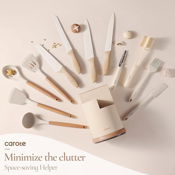 CAROTE 13Pcs Kitchen Utensils Set with 360 Rotating Knife Block, Heat Resistant Cooking Utensils Set with Wooden Handle, Kitchen Knife Sets with Nonstick Ceramic Surface, Cream White