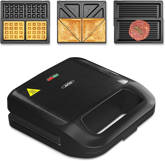 3 in 1 Electric Sandwich Maker, Panini Press Grill and Waffle Iron Set, Grill and Sandwich Press with Removable Non-Stick Plates, Indicator Lights & Cool Touch Handle, 750W, Black