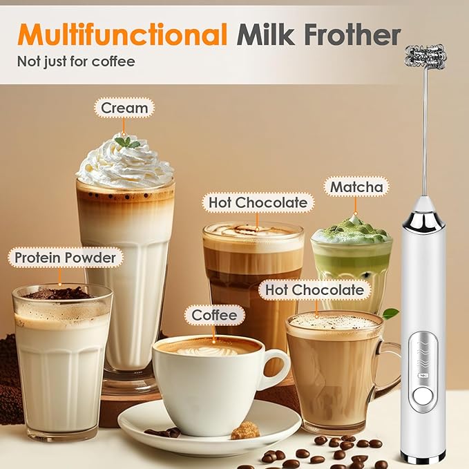 Milk Frother Handheld, Rechargeable Coffee Frother Wand with 2 Stainless Whisks 3 Speeds, Drink Mixer, Electric Foam Maker, Hand Mixer for Lattes, Cappuccino, Matcha, Egg, White