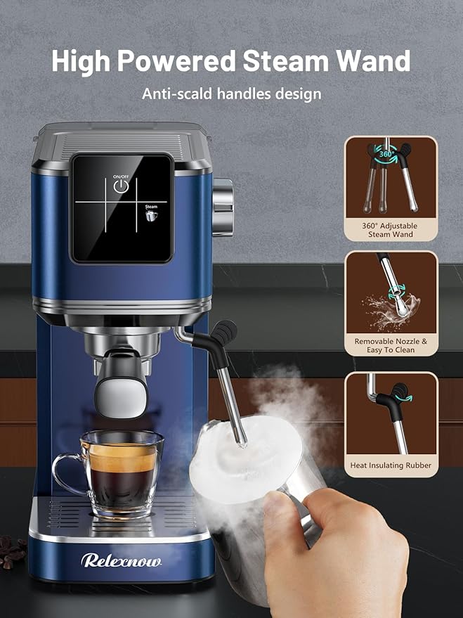 RELEXNOW Espresso Machine, 20 Bar Espresso Maker Milk Frother & LCD Panel, Hot & Iced Coffee Machine, Stainless Steel Espresso Coffee Machine with 41oz Water Tank for Cappuccino, Latte