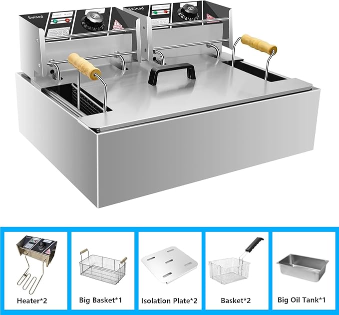 Commercial Deep Fryer with Baskets, 3400W 12.7QT/12L Thickened Stainless Steel Countertop Electric Oil Fryer, Large Capacity with Temperature Control (12L Pro)