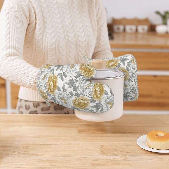 Oven Mitts and Pot Holders Vintage Flower Peony Floral Silicone Kitchen Accessories Set of 4 Heat Resistant Long Gloves Potholder Non-Slip Grip for Chef Cooking Baking Grilling BBQ