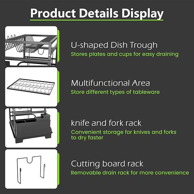 2-Tier Foldable Dish Drying Rack with Drainboard, Stainless Steel Large Capacity Kitchen Counter Organizer with Cup Holder, Utensil & Cutting Board Storage, No Assembly Required, Black