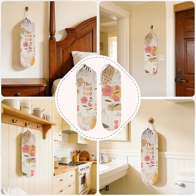 2PCS Boho Plastic Bag Holder for Kitchen Essentials, Reusable Hanging Grocery Bag Organizer, Washable Large Grocery Trash Garbage Bags Storage Dispenser Boho Kitchen Decor-07
