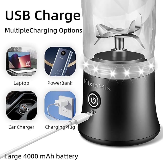 Portable Blender, Personal Size Blender for Shakes and Smoothies, 20 Oz Cup, Waterproof Mini Blender With Rechargeable USB, Juicer with 6 Blades for Home, Kitchen, Travel, Sports (Black)