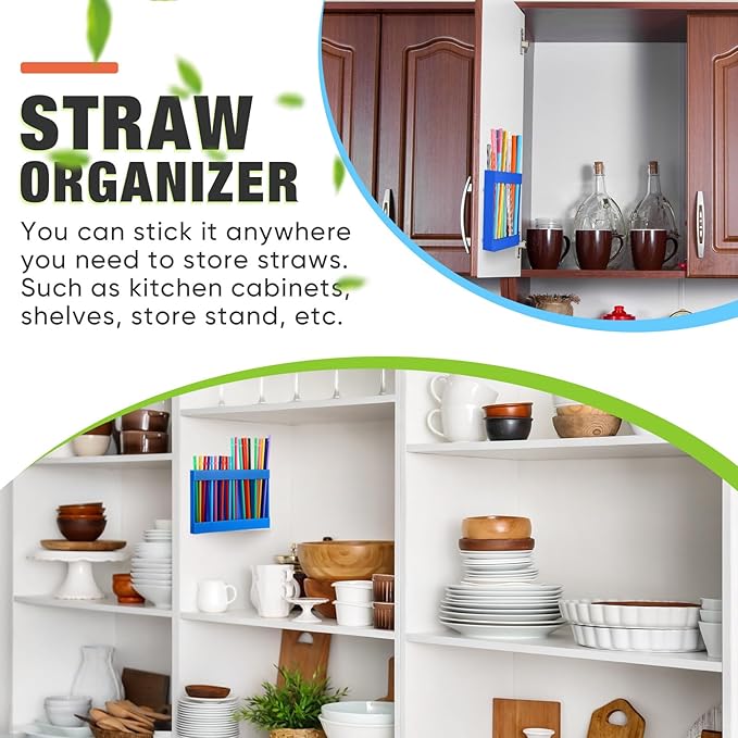 Qinyoung Acrylic Straw Holder for Cabinet Door with Double Sided Adhesive Tape Reusable Straw Organizer Tumbler Storage Kitchen Accessories Container for Counter Cupboard(Classic,Large,Blue)