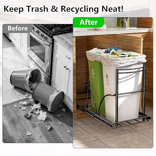 Dual Trash Can Pull Out Under Kitchen Sink Counter, NO CAN, Slider for Double 35Qt Bins(7-9 Gal), Recycling Bin & Garbage Can Pullout Kit, Quiet Close Sturdy Shelf, Requires Cabinet ≥16"W*17"H*23"D