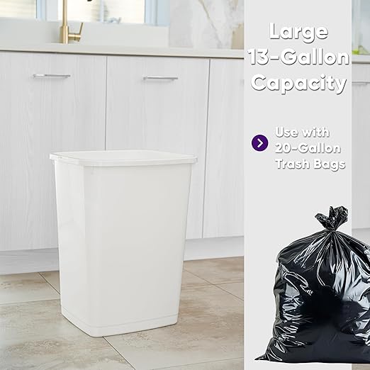 Superio Large Kitchen Trash Can 13 Gallon, 52 Qt Unlidded Waste Bin Only for Kitchen, Garage, Indoor and Outdoor Trash Can, White