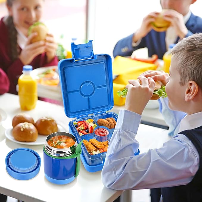 Pawtong Bento Lunch Box Set With 10oz Soup Thermo, Leak-proof Lunch Containers with 4 Compartment, Kids Hot Thermo Food Jar/Insulation Lunch Bag, Food Containers for School (Blue)