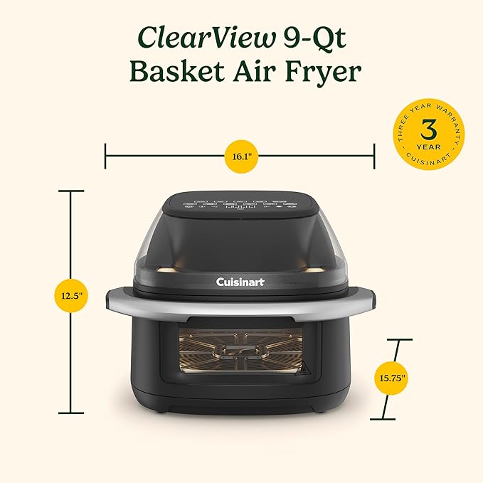 Cuisinart ClearView Large 9-Quart Basket Air Fryer with ClearView Window, Digital Control Panel, 5 Functions, 3 Air Fry Presets, 2 Custom Presets, Easy Clean, PFAS-Free, 3 -Year Warranty, AFC-9
