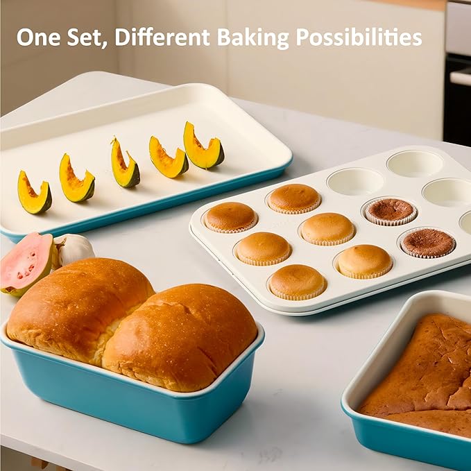 CAROTE 6-Piece Ceramic Baking Pans Set, Aluminized Steel Bakeware Sets, Toxin-Free Nonstick Stackable Oven Pans with Cookie Sheet, Muffin Pan, Loaf Pan, Round & Square Cake Pan, Cooling Rack