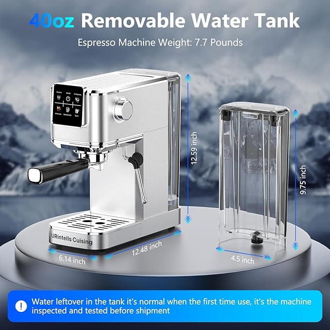 URintells Cuising Espresso Machine 20 Bar,Touch Screen Espresso Maker with Steam Milk Frother,Stainless Steel Coffee Machine for Cappuccino Latte Americano Cold Brew,1350W Fast Heat Up System,Silver