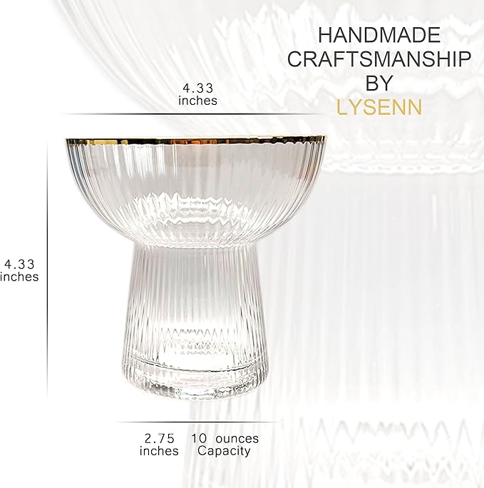 Lysenn Stemless Margarita Glasses Set of 4 - Elegant Vertical Stripes Cocktail Glasses – Premium Hand Blown Glassware for Martini and Mixed Drinks – 10 oz Gold Rim