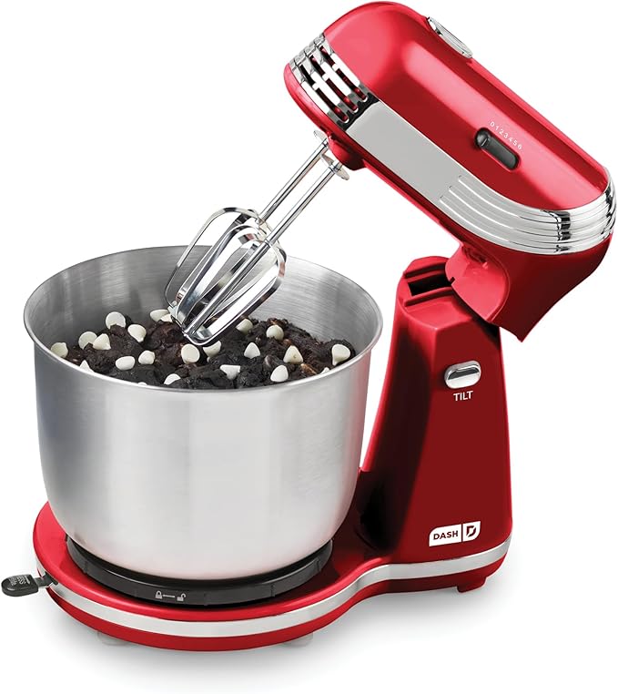 DASH Stand Mixer (Electric Mixer for Everyday Use): 6 Speed Stand Mixer with 3 qt Stainless Steel Mixing Bowl, Dough Hooks & Mixer Beaters for Dressings, Frosting, Meringues & More - Red, DCSM250RD