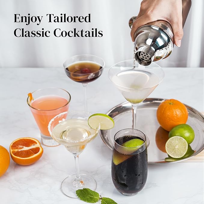 X Home Bartender Kit with Stand, Cocktail Shaker Set for Enthusiasts and Beginners | Includes Martini Shaker, Easy-to-Measure Jigger, Hawthorne Strainer, Mixing Spoon and More, Bartender Kit Gifts