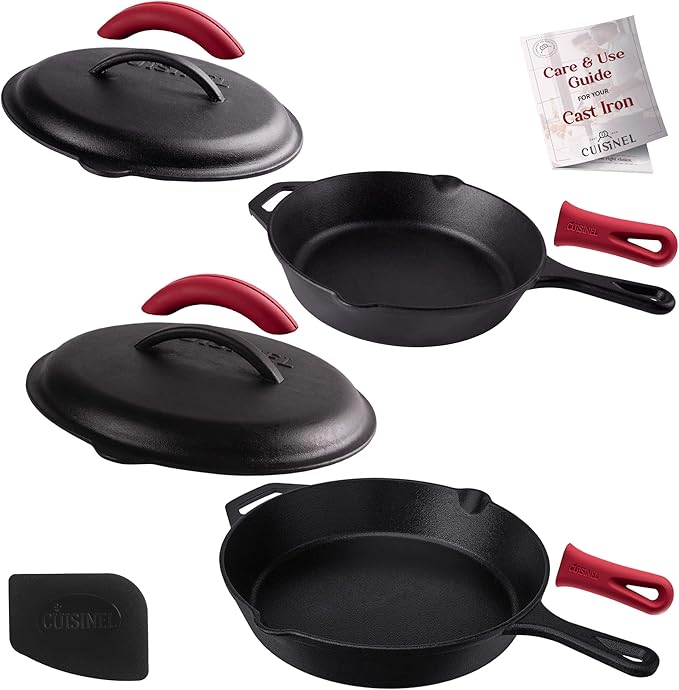 Cast Iron Skillet Set with Lids - 10"+12"-inch Pre-Seasoned Covered Frying Pan Set + Silicone Handle and Lid Holders + Scraper/Cleaner - Use Indoor/Outdoor, Oven, Stovetop, Fire, BBQ Kitchen Cookware