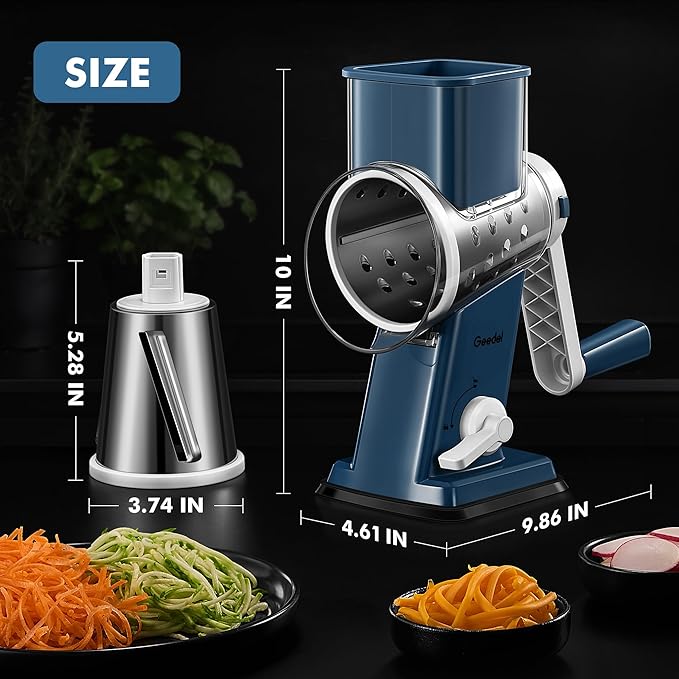 Geedel Rotary Cheese Grater - Upgraded Vegetable Shredder with 4 Interchangeable Blades, Easy to Clean Cheese Shredder with Handle, Kitchen Grater Nuts Grinder for Cutting Cheese, Vegetable, Nuts