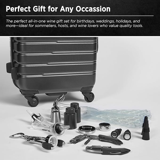 FlyWithWine® by VinGardeValise Wine Accessory Kit – 18 Piece Wine Gift Set with Corkscrew Opener, Aerator Pourers, Vacuum Stoppers, Wine Chiller Bags & Sommelier Tools for Home, Bar & Travel