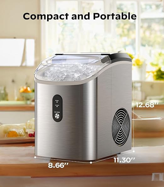 Nugget Ice Maker Countertop, Pellet Ice Machine with Self-Cleaning Function, Produces 33 lbs of Chewable Ice in 24 Hours, Sonic Ice Maker Perfect for Home Kitchens and Offices, Stainless Steel