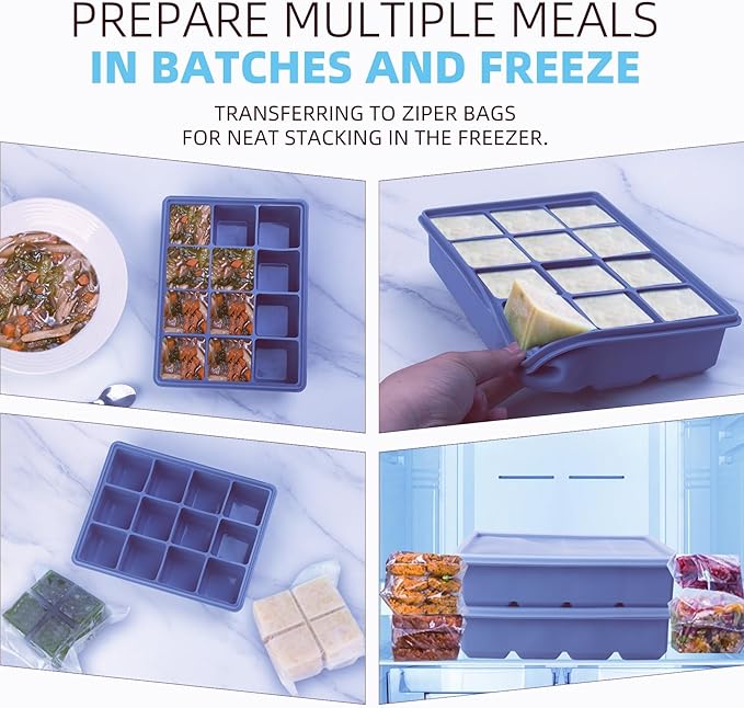 Silicone Freezer Trays with Lids, 1/2 Cup Silicone Soup Freezer Molds Set of 1, for Freezing Soups Sauces and Individual, Microwave safe, Makes 12 Perfect 1/2 Cup Portions Cubes (Blue 1 Pack)