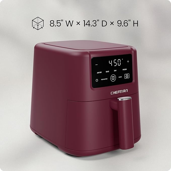 Chefman Air Fryer – 4-in-1 Slim 3.5 QT Airfryer, Air Fry, Bake, Dehydrate, Frozen, 450°F Max Temp for Extra Crispy Results in Minutes, Nonstick Ceramic Coating, Dishwasher-Safe Accessories - Red
