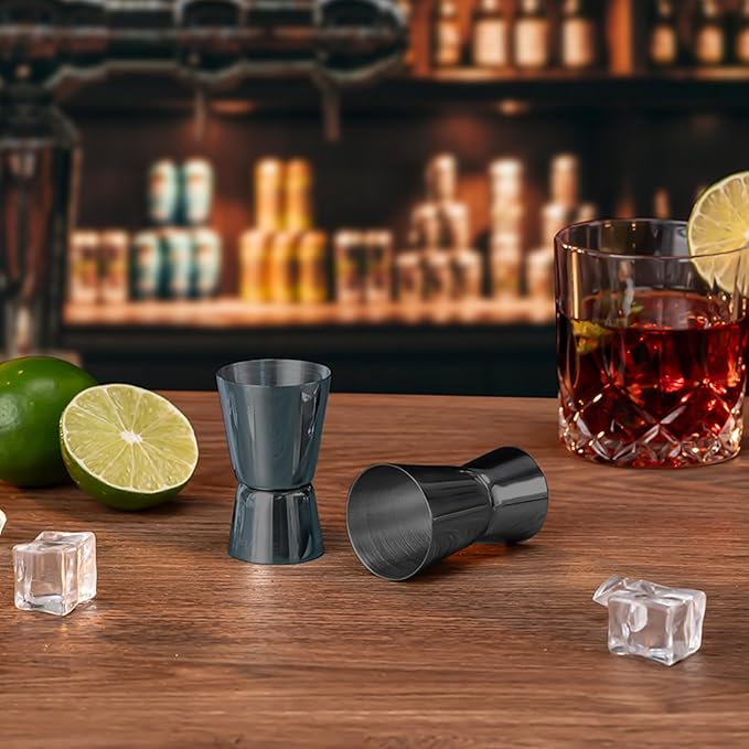 Briout Jigger for Bartending, 2 Pcs Double Cocktail Jigger Japanese Premium 304 Food Grade Stainless Steel Jigger 1 OZ 1/2 OZ, Flat Edge Black