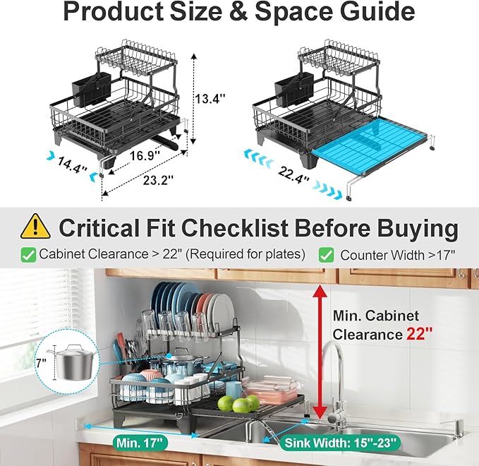 iSPECLE 2 Tier Dish Drying Rack for Kitchen Counter, Expandable Large Dish Drainer with Drainboard Set, Rust Resistant Dish Rack with Utensil & Cup Holder, 16.9" W x 14.4"-22.4" L, Black